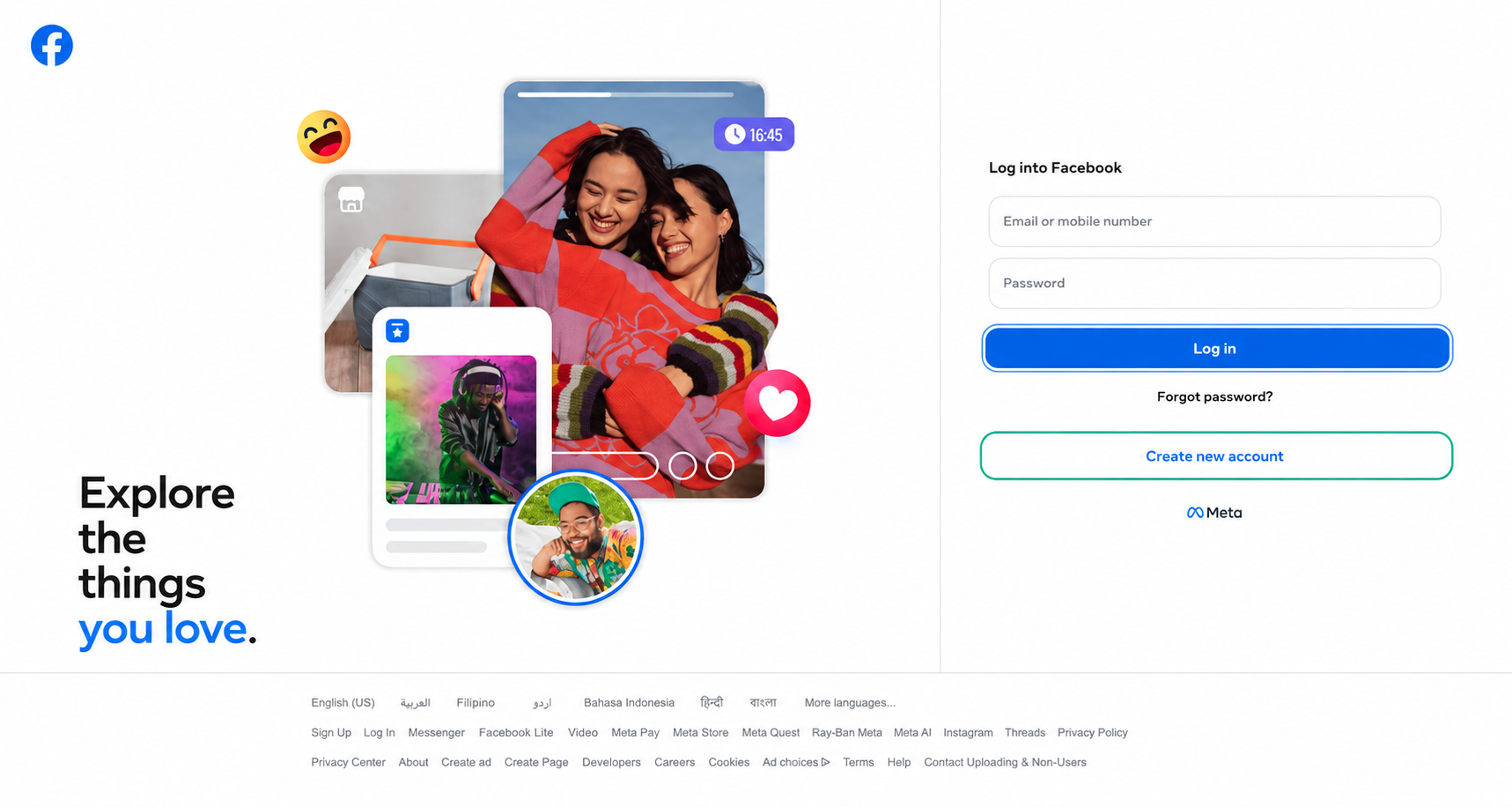 Log in or create a Facebook account