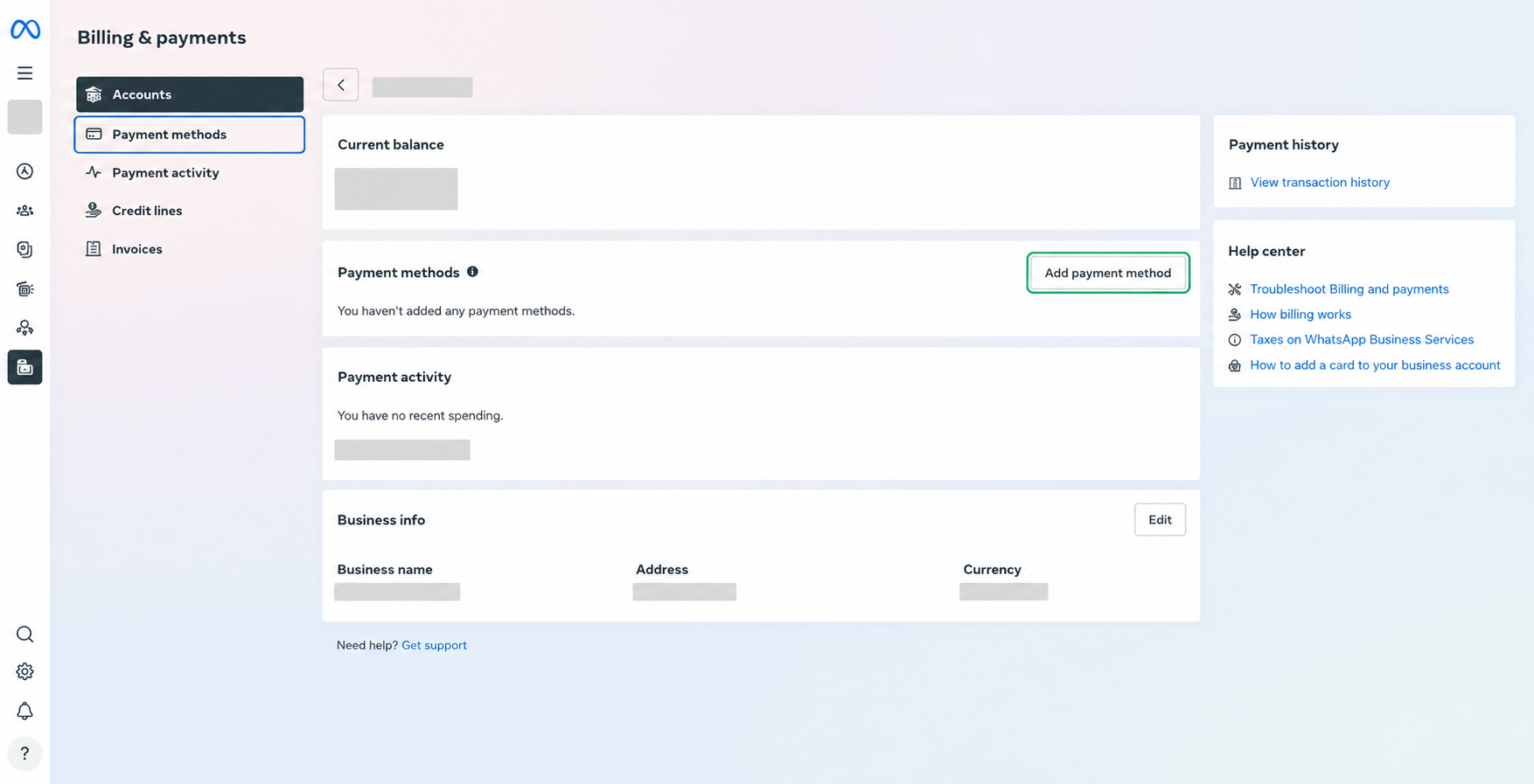 Add the payment method in Meta