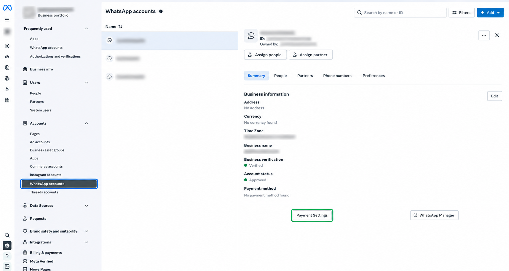 Open Payment Settings for the selected WhatsApp account